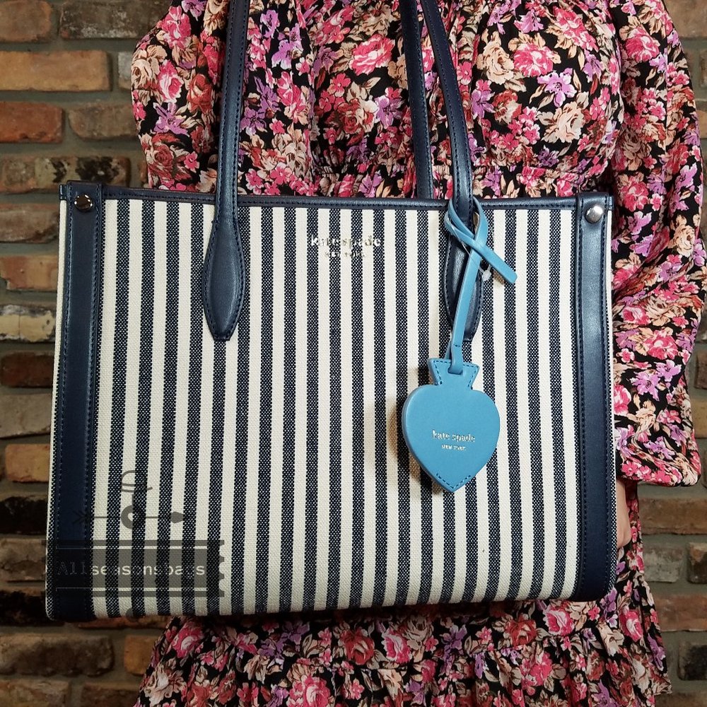 AUTHENTIC Kate Spade Market Striped Medium Canvas Top Zip Tote Blue Multi NWT